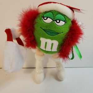 2002 Mars Green M&M’s Candy Red Christmas Santa Hat Feather Boa 9" With Tags